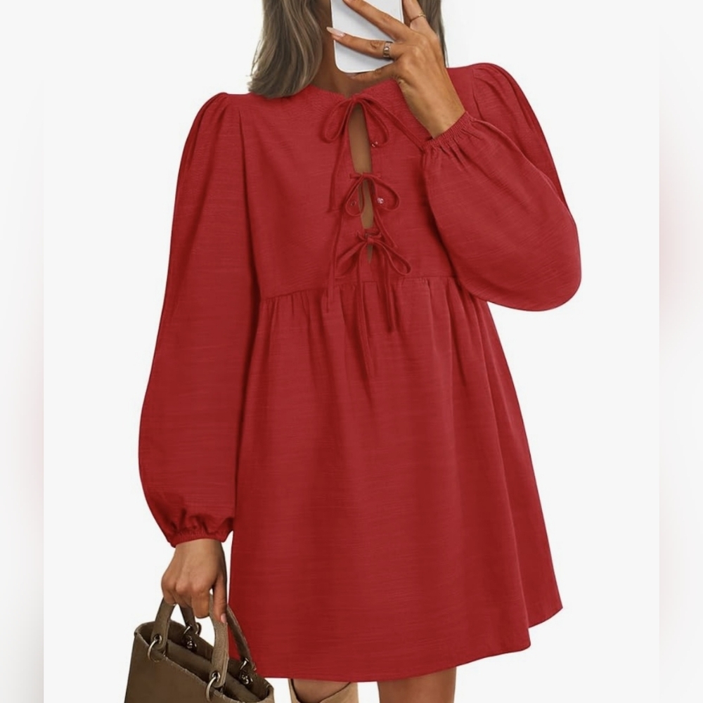 Women's Mini Dress With Long Puff Sleeves Self Tie Front Babydoll A Line XL